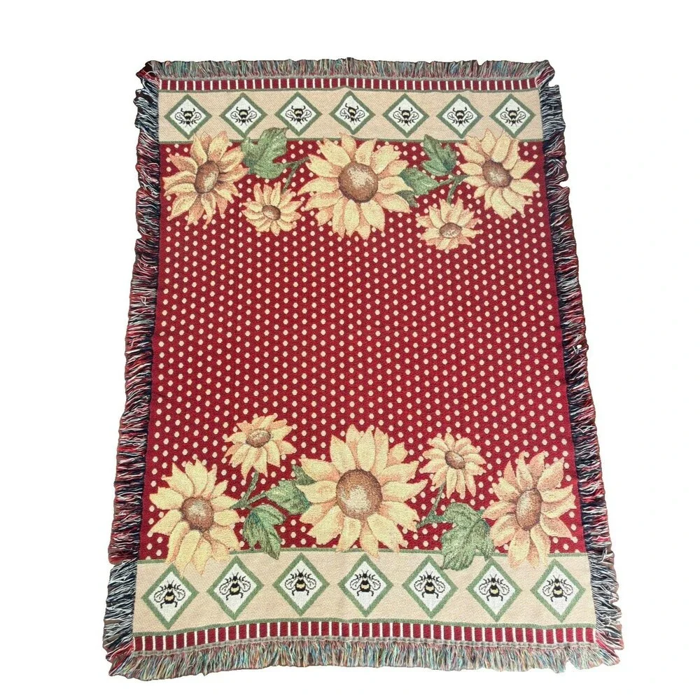 Sunflower Bee Woven Tapestry Throw Blanket Afghan Fringe Red 69x53 Cottagecore